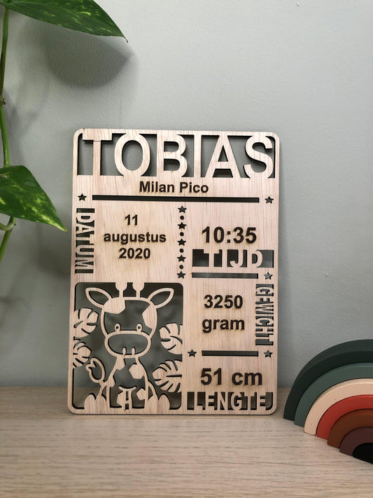 Geboortebordje giraffe - Pico's Handmade